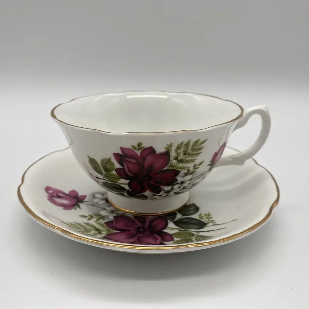 ROYAL GRAFTON Bone China Tea Cup & Saucer Red Roses  White Flowers Gold Trim